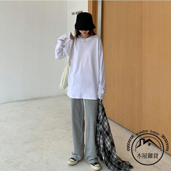 純棉女秋裝寬鬆內搭打底衫長袖秋季女裝上衣【木屋雜貨】