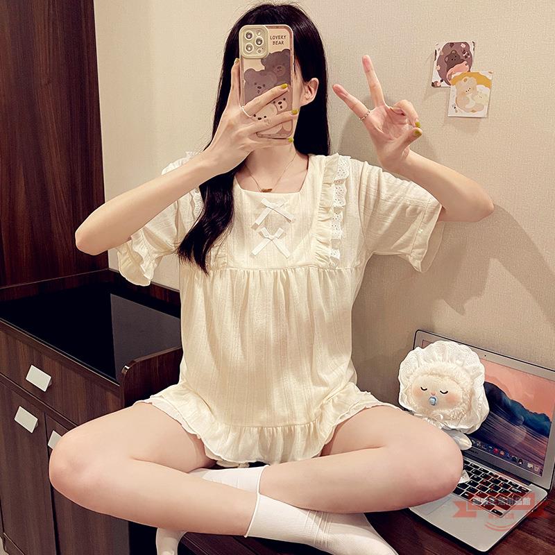 睡衣女士夏季棉質短袖短褲可愛蕾絲宮廷風公主時尚網紅家居服套裝
