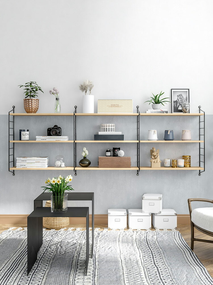 電視牆置物架 書架牆上投影儀置物架客廳免打孔電視牆面裝飾架多層一字隔板壁掛【MJ191869】