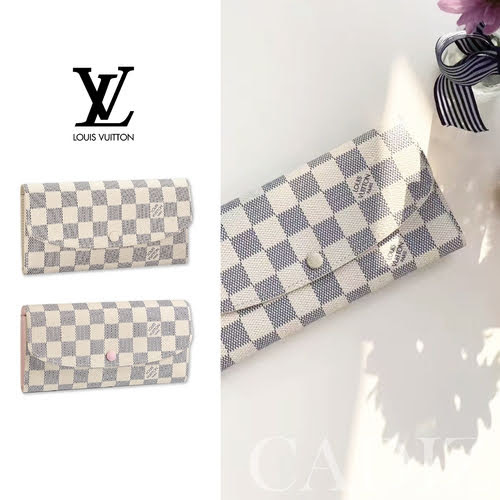 法國正品 Louis Vuitton EMILIE WALLET  灰白方格帆布玫瑰粉白長夾 N41625
