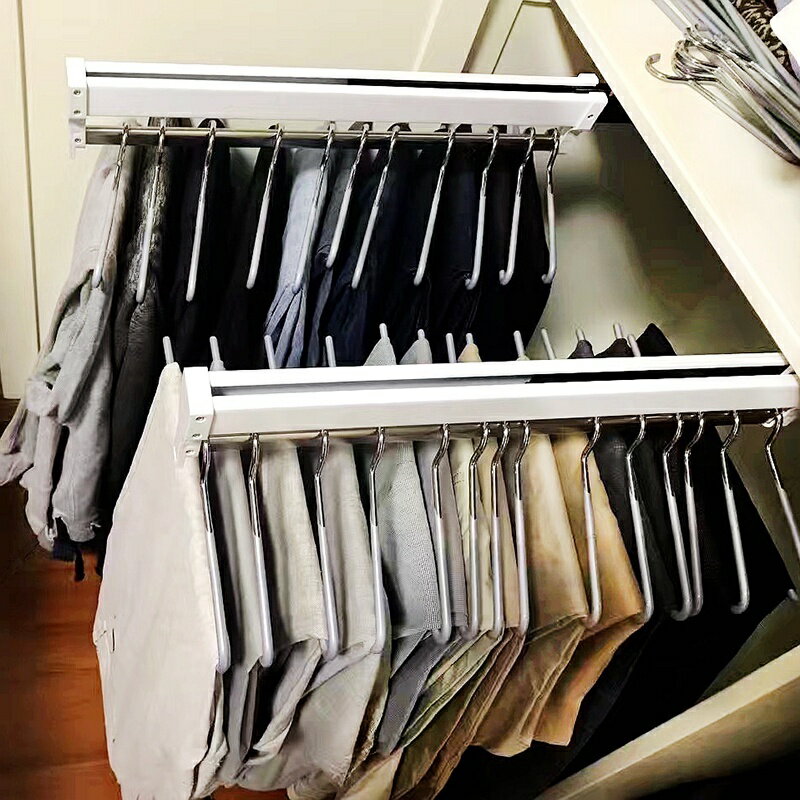 【 褲架 伸縮褲架 伸縮滑軌衣櫃內掛衣桿 家用抽拉式省空間褲子收納神器