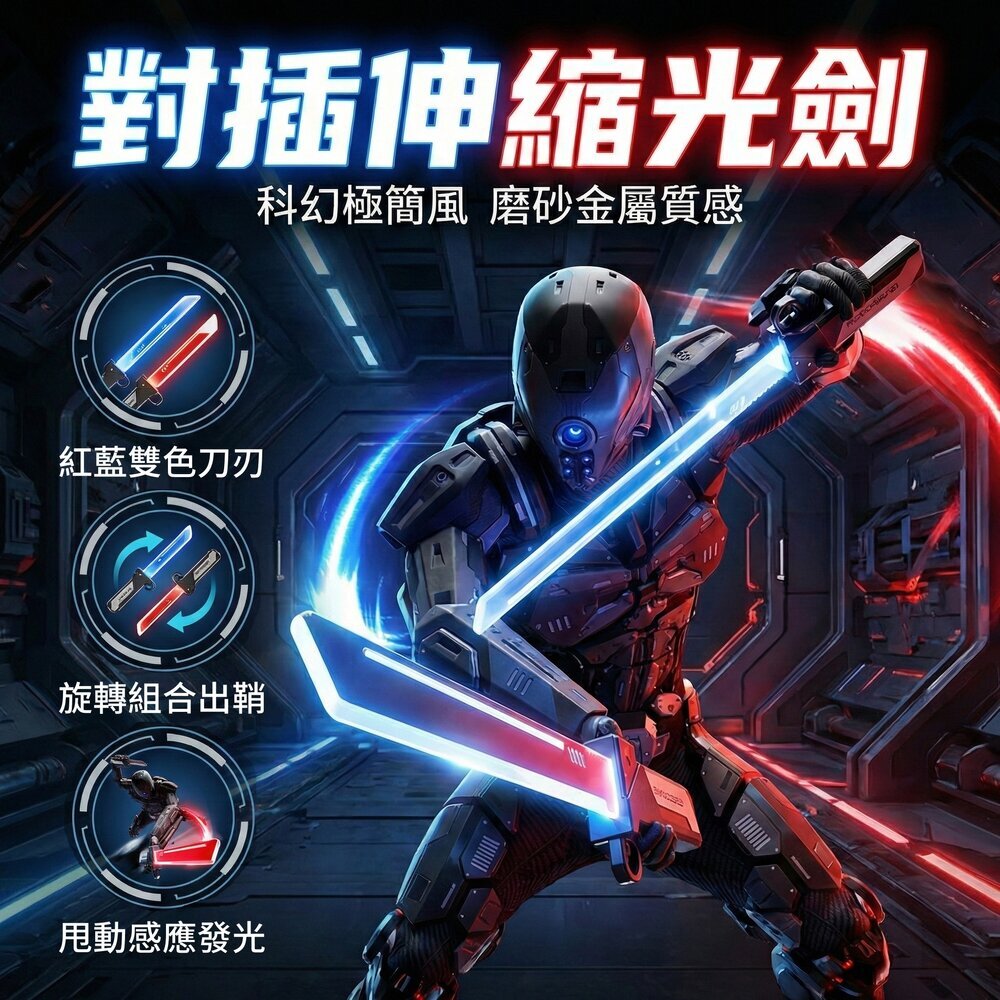 對插伸縮光劍玩具 紅藍雙色可調 用力點亮 科幻造型 光劍收藏 桌上擺設 拍照道具 角色扮演 帥氣玩具 14歲以上 1