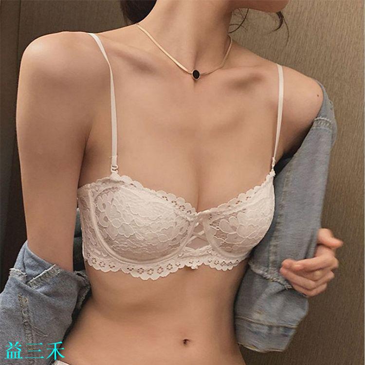 法式性感蕾絲小胸無肩帶內衣女超薄半杯抹胸大胸顯小美背文胸套裝-益三禾