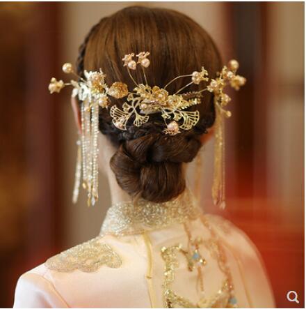 新娘頭飾 中式婚禮金色簡約古典結婚新娘頭飾步搖流蘇秀禾服龍鳳褂髮飾 限時88折
