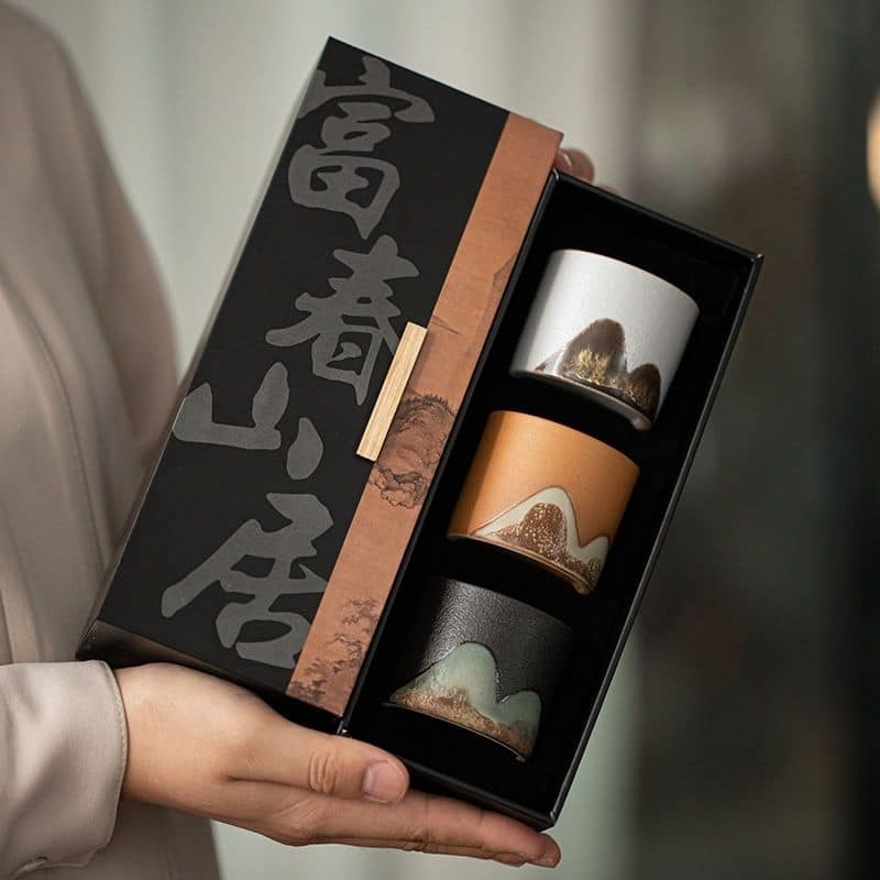 中秋禮物  富春山居 禪黑手繪遠山茶杯功夫茶具三組