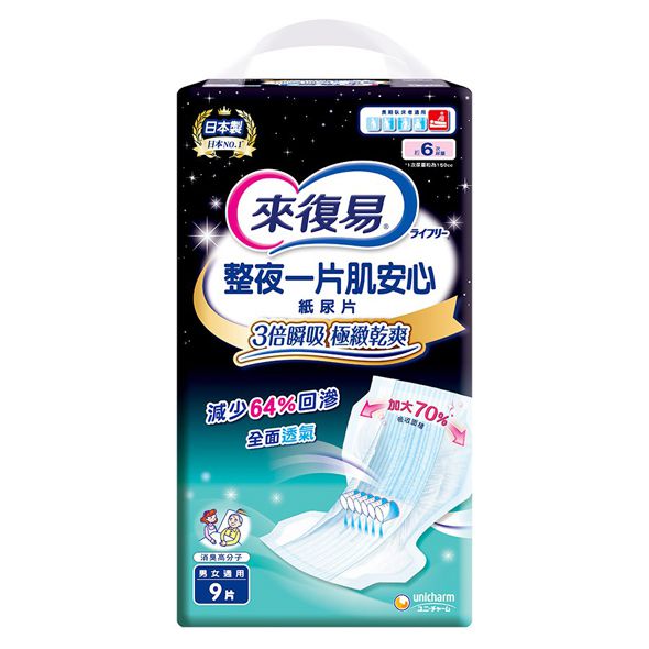來復易 整夜一片肌安心紙尿片(原極緻乾爽肌安心)9片(男女適用)*6包(箱購)限時搶購【德芳保健藥妝】 來復易 整夜一片肌安心紙尿片(原極緻乾爽肌安心)9片(男女適用)*6包(箱購)限時搶購【德芳保健藥妝】