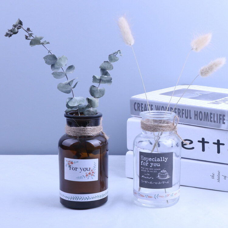 新款ins風北歐乾花花瓶清新簡約透明棕色玻璃花瓶美式植物插花瓶