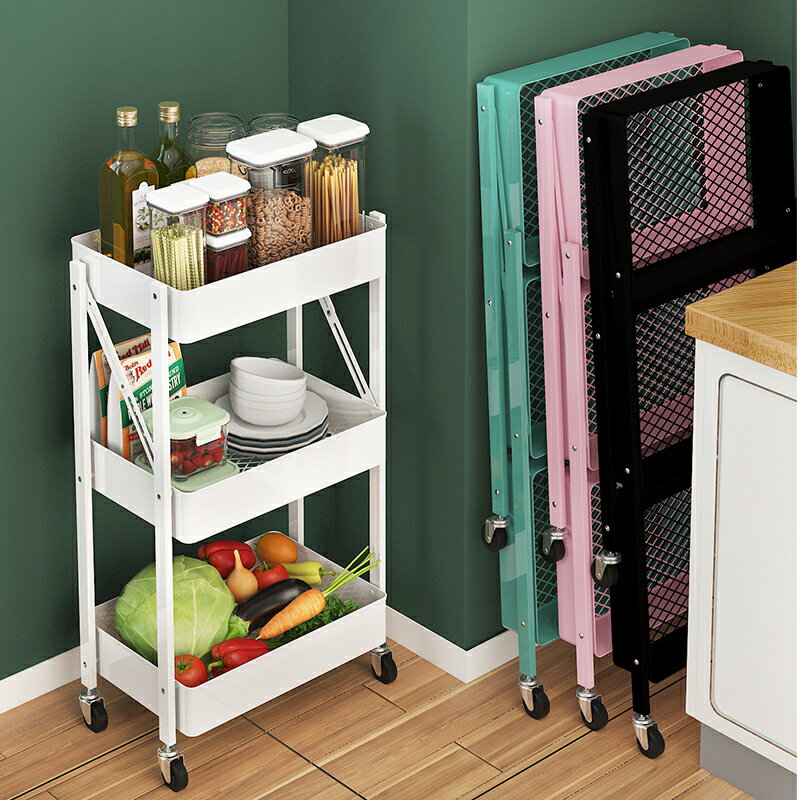 免安裝折疊小推車廚房置物架落地式多層客廳可移動帶輪果蔬收納架