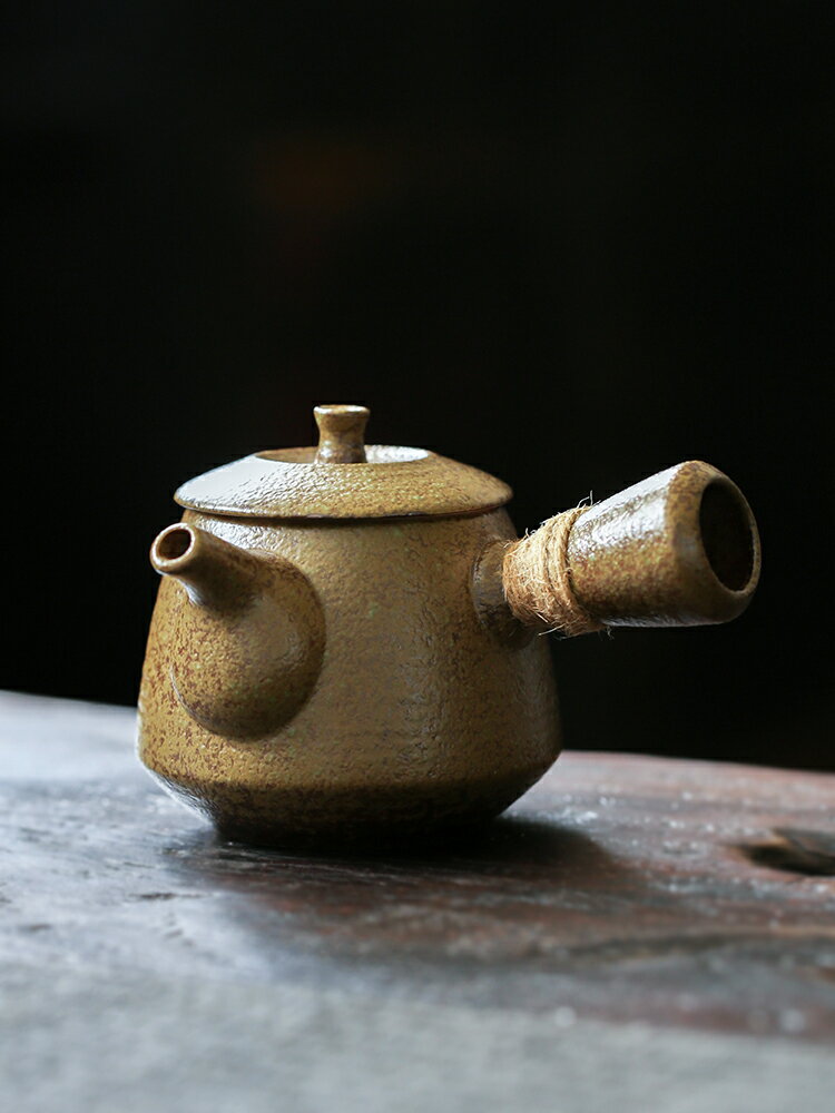 禪意側把茶壺粗陶瓷日式帶過濾孔泡茶壺復古小單壺家用功夫茶具