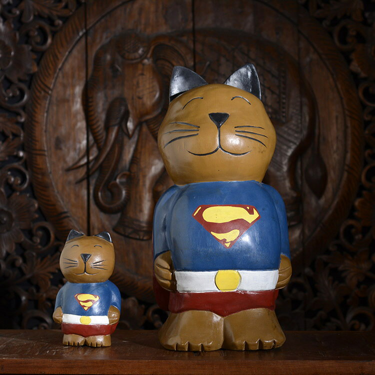 泰國進口工藝品東南亞風格超人實木小貓木雕家居擺件小貓咪擺件1入