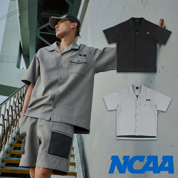 【滿千折百】NCAA 短袖 淺灰 黑 落肩 泡泡紗 襯衫 男 7425147411 7425147420