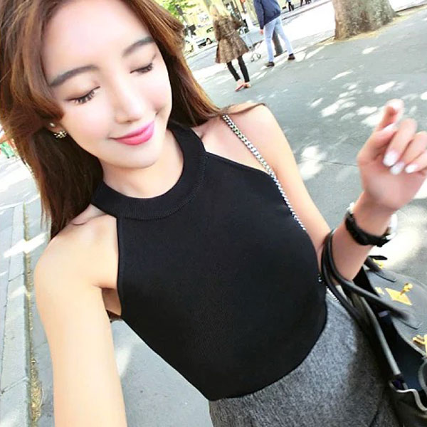 削肩針織背心 性感顯瘦爆乳百搭 掛脖無袖卡肩 黑白裸色韓 ANNA S. 2