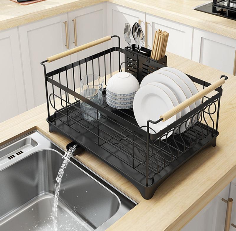 廚房水槽黑色碗碟瀝水架收納家用單層雙層廚具放碗筷架雙層碗碟架