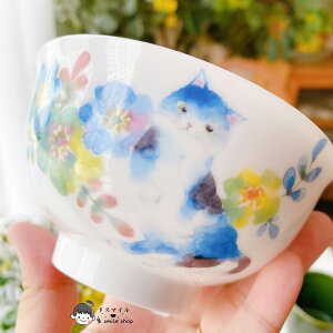 進口美濃燒和藍彩色花團錦簇繁花櫻花貓白瓷飯碗馬克杯杯