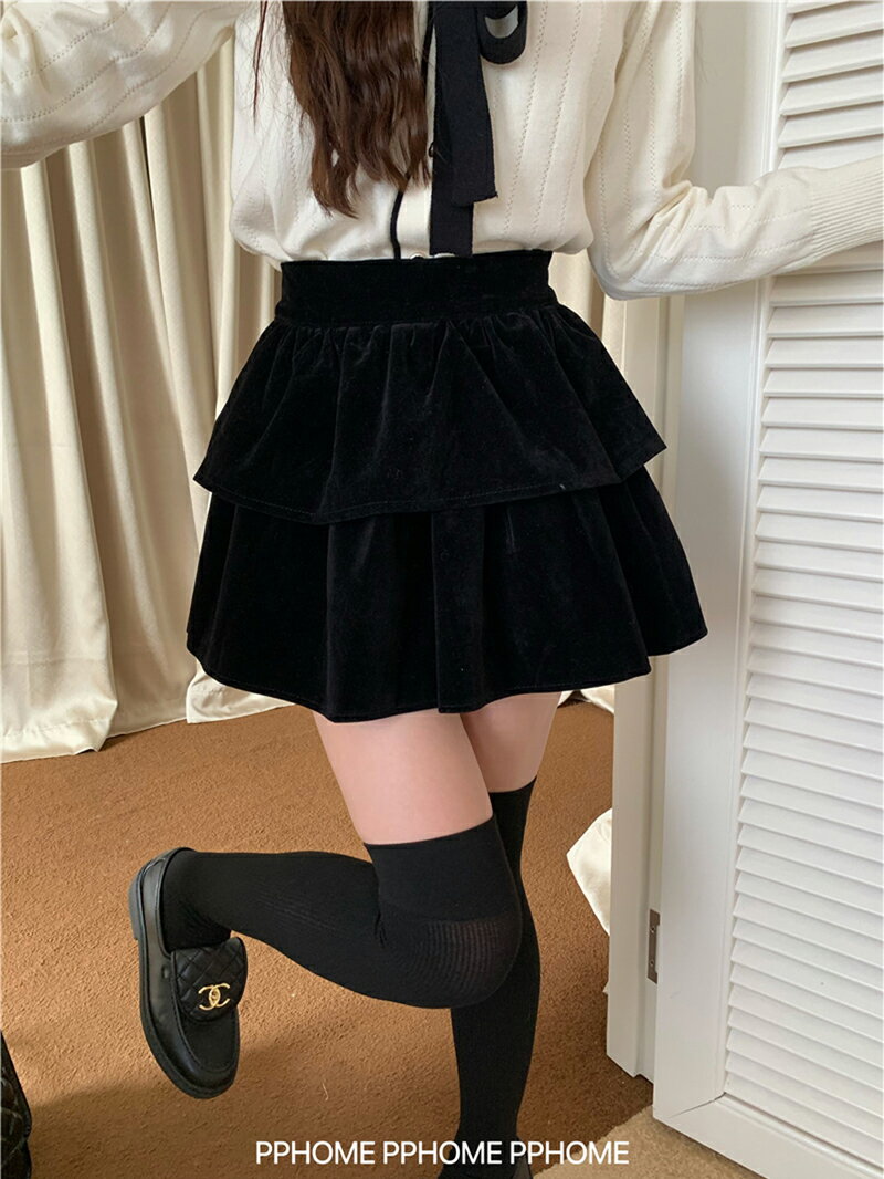絲絨蛋糕裙 公主風精緻高腰蓬蓬裙 迷你黑色短裙半身裙女【不二雜貨】