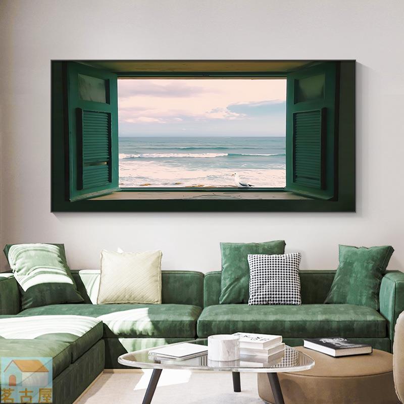 海景客廳裝飾畫現代簡約空間沙發背景墻掛畫窗戶復古輕奢掛畫
