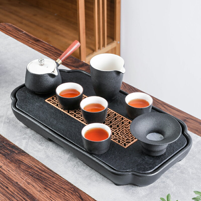 烏金石茶盤套裝創意日式黑陶簡約辦公室家用泡茶側把壺功夫茶具組