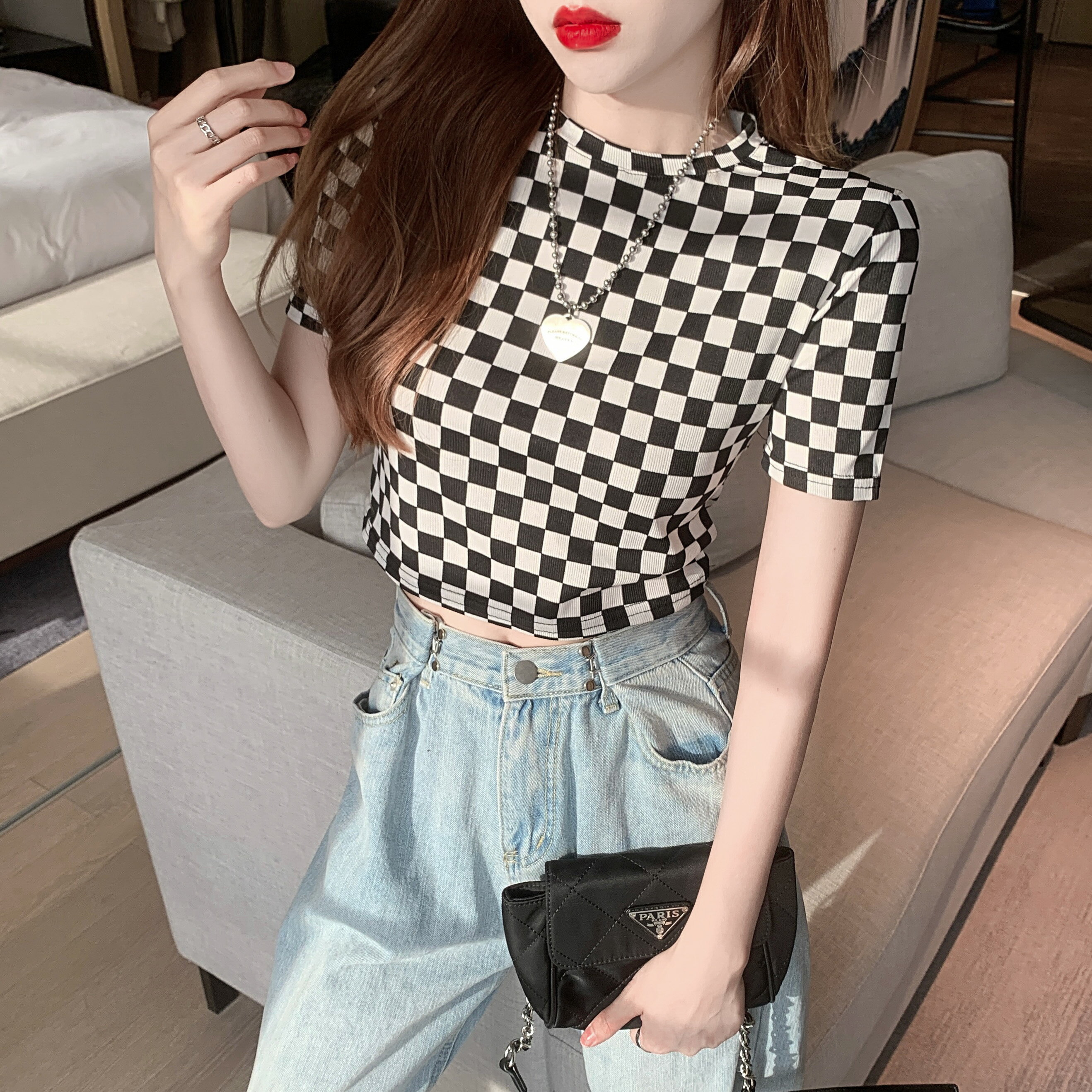 棋盤格子短袖T恤女夏季網紅ins學生百搭韓版辣妹高腰短款露臍上衣