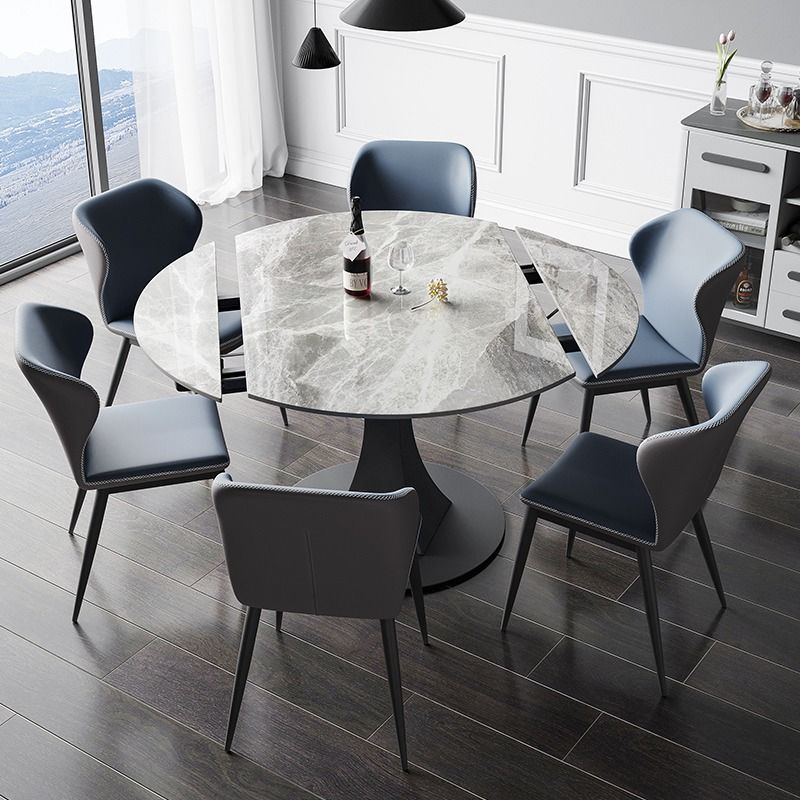 意式亮光巖板組合可變圓桌旋轉伸縮飯桌家用小戶型多功能圓餐桌椅