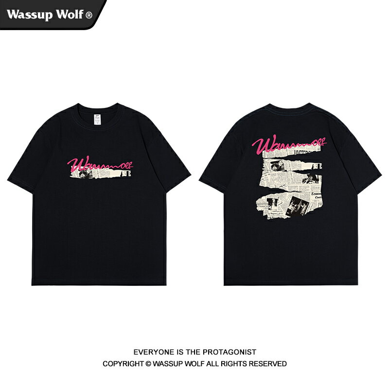 Wassup Wolf潮牌美式高街復古報紙短袖男t恤vintage純棉情侶上衣