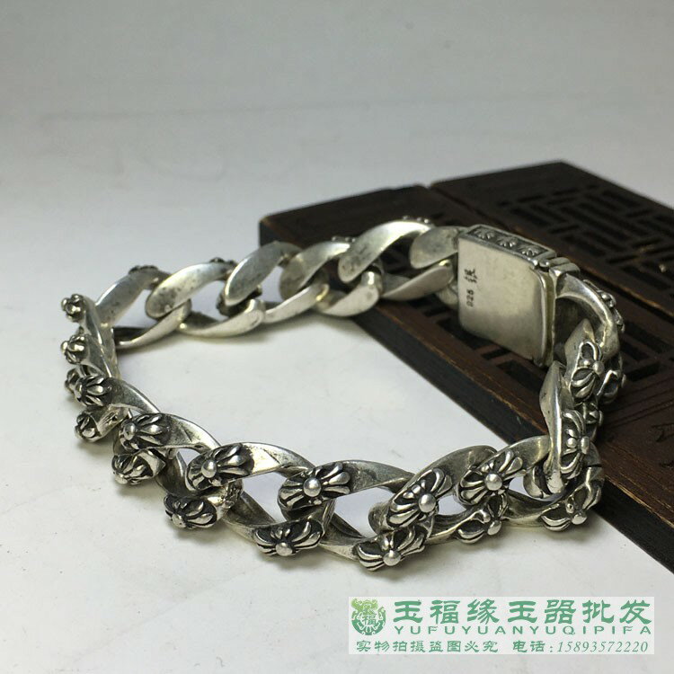 古玩老銀復古鏤空骷髏頭花紋藏銀手串男款霸氣時尚轉運招財銀手鏈 4