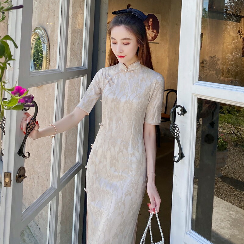 蕾絲旗袍2022年新款春季年輕款少女復古老上海改良連衣裙白色長款