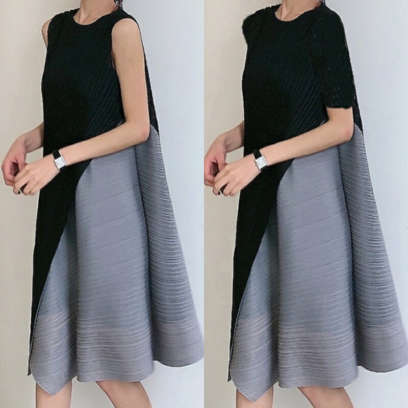 【巴黎精品】現貨+預購 三宅風皺褶衣服洋裝-短無袖摺衣壓褶不規則拼色A字中長裙折衣女裙子2款a1jq69