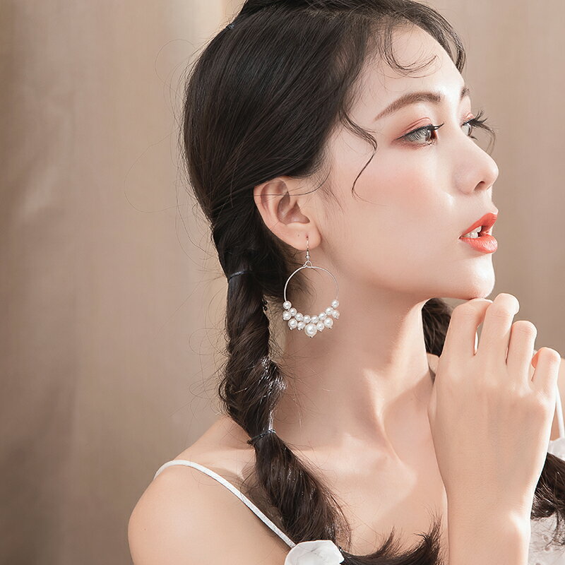 艷炟適合圓臉的耳環 925純銀氣質韓國珍珠流蘇圈圈耳墜顯瘦耳飾