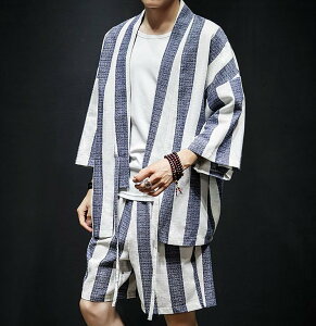 FINDSENSE H1 2018 夏季 新款 男 日本 氣質 條紋棉麻 開衫 外套 透氣短褲 兩件套 大碼潮男套裝