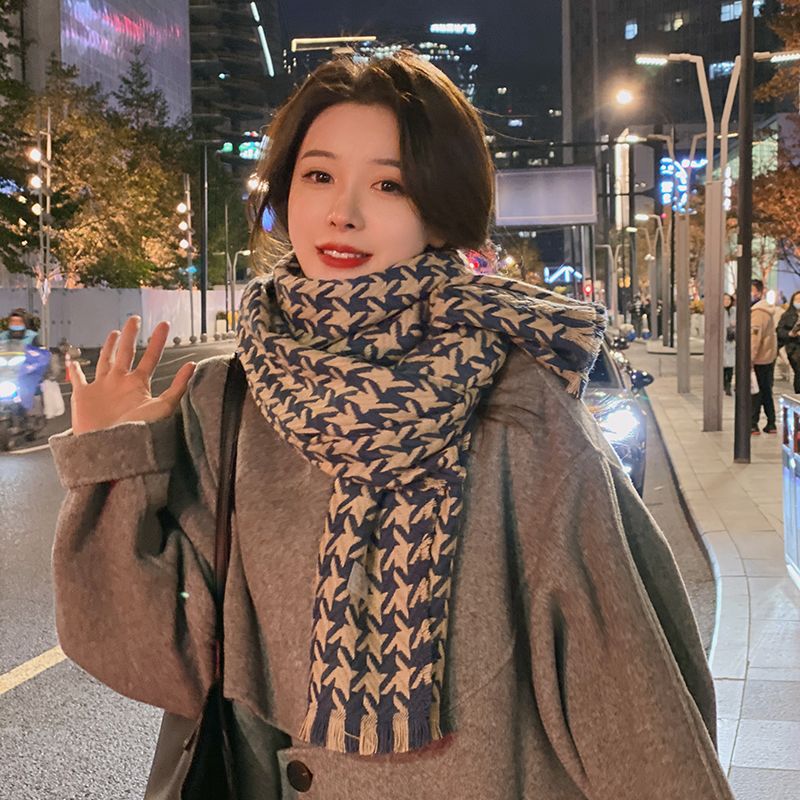 千鳥格圍巾女冬季2022新款韓版仿羊絨情侶披肩復古保暖圍脖-創美