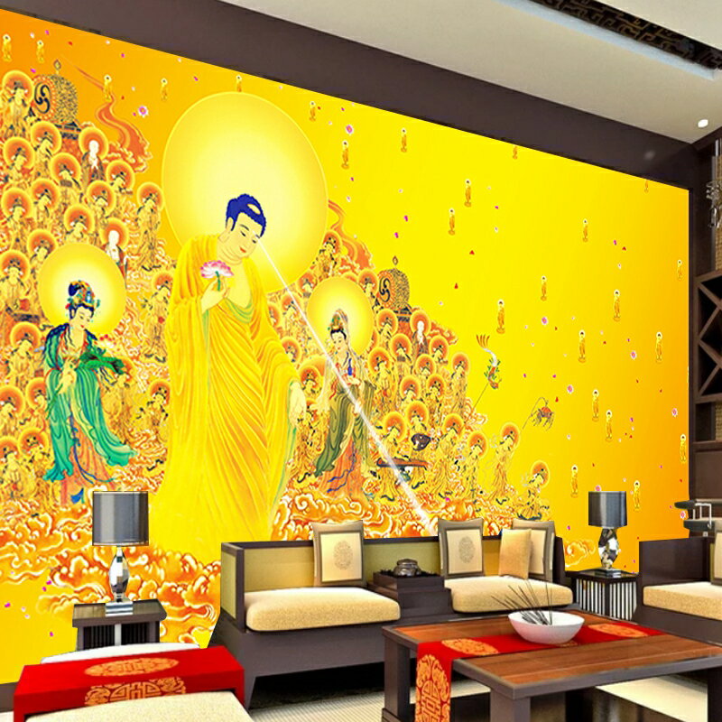 西方三聖墻紙接引圖佛像壁畫阿彌陀佛極樂世界佛堂寺廟背景桌布