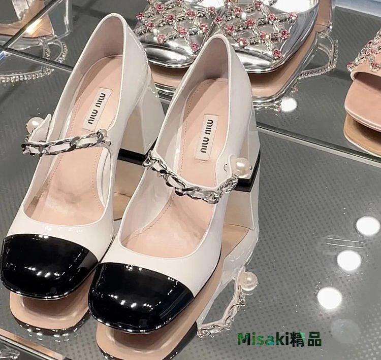 熱銷#MiuMiu方跟瑪麗珍鞋新款復古拼色珍珠一字帶瑪麗珍鞋女公主-Misaki精品