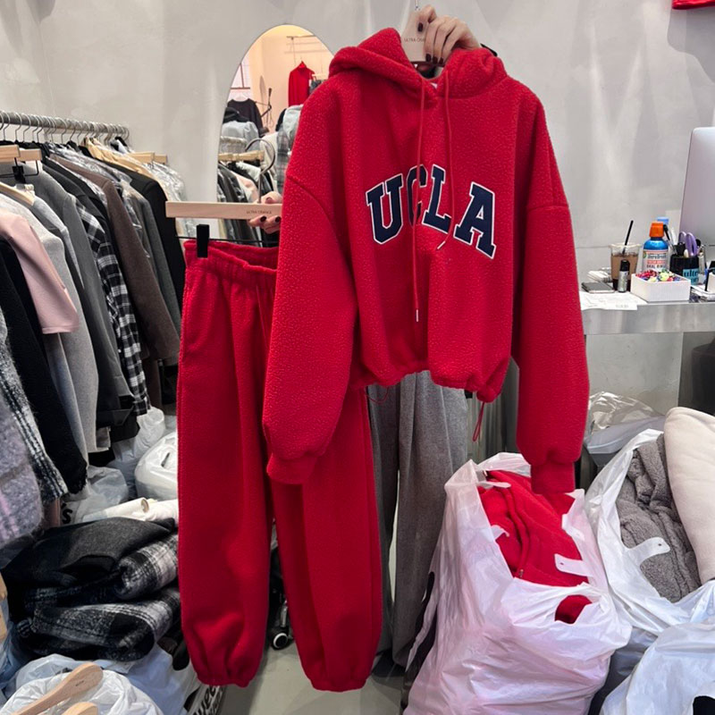ANNAS 正韓紅色套裝 UCLA羊羔毛套裝 韓國刷毛連帽衛衣長褲 新年 過年 2024龍年開運穿搭 2
