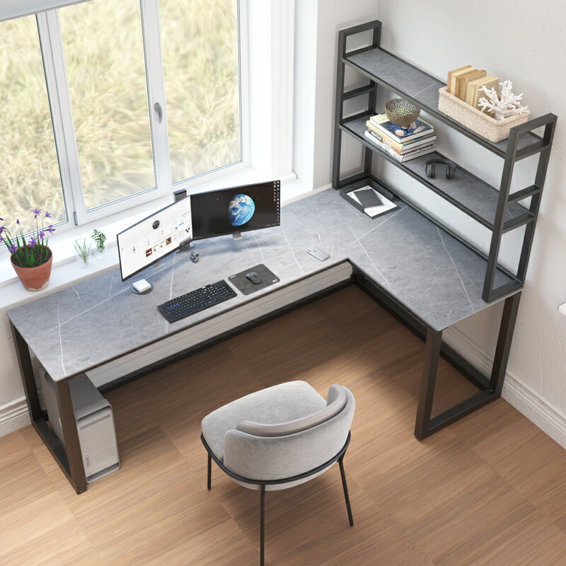 北歐巖板L轉角書桌書架一體桌小戶型家用臥室L型拐角大理石電腦桌