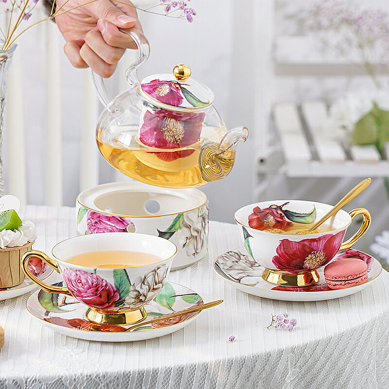 下午茶家用高檔陶瓷玻璃花茶具套裝歐式花茶壺耐熱玻璃蠟燭加熱