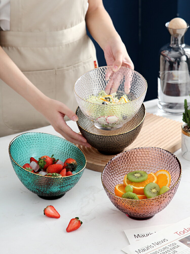 onlycook家用玻璃沙拉碗金邊甜品碗水果碗斜口盤子透明玻璃碗餐具
