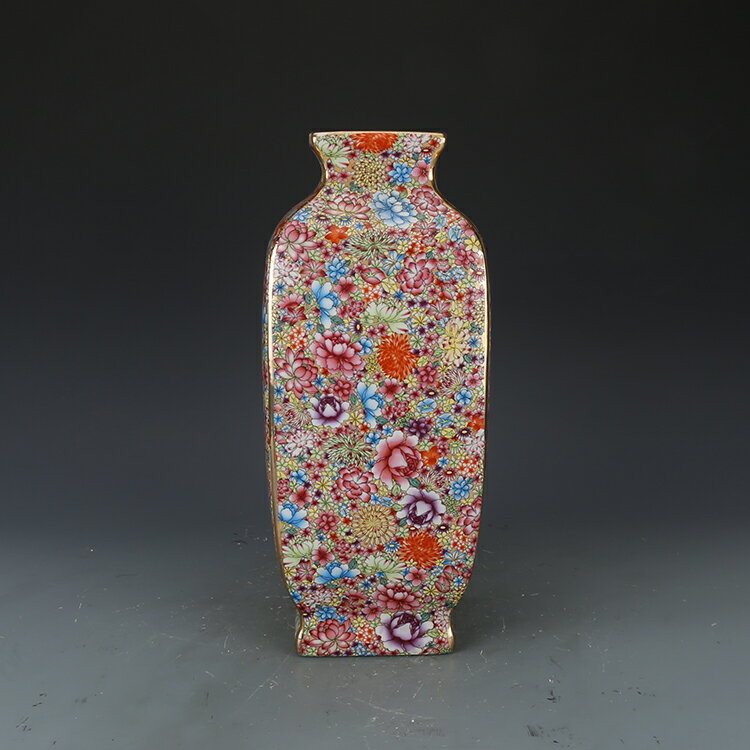 清乾隆年制粉彩描金萬花不落地四方花瓶仿古觀賞瓷器擺件古董古玩1入