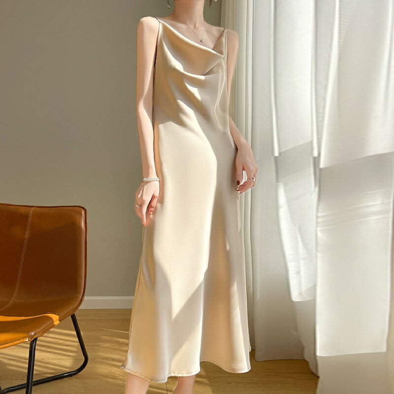 【巴黎精品】現貨+預購 頂級法式絲質洋裝緞面連身裙名媛絲綢長裙冰絲涼感天絲連衣裙(修身女裙子5色a1gj23)
