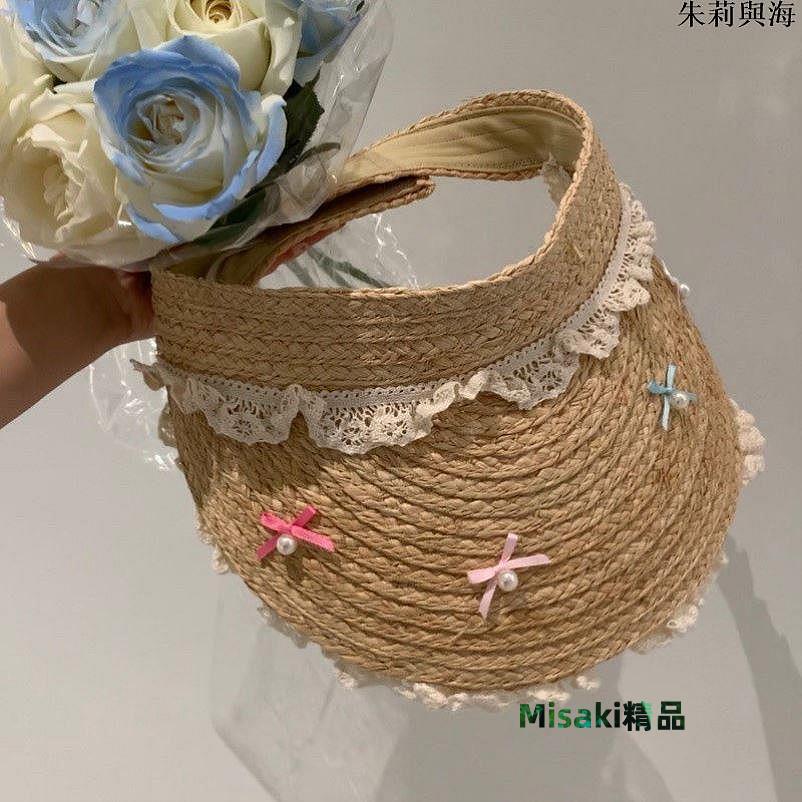 草帽春夏出遊甜妹系原創海邊度假蕾絲邊珍珠蝴蝶結拉菲草草帽 新品-Misaki精品
