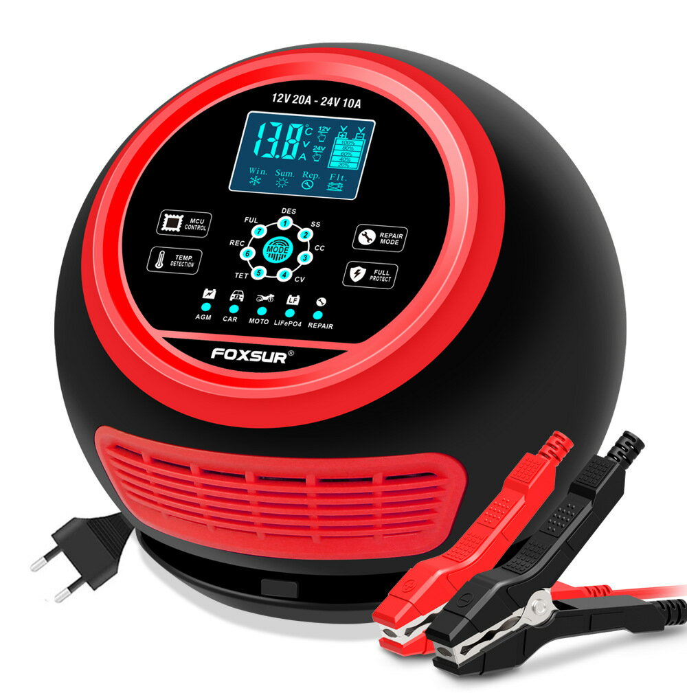 FOXSUR 鉛酸鐵鋰電池充電器 20A 12V24V摩托車汽車電瓶充電機圓球「店長推薦」