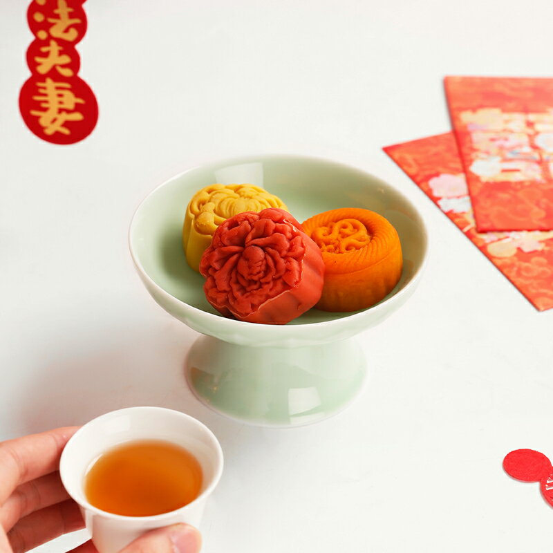 中式陶瓷高腳盤 訂婚甜品臺家用白瓷結婚茶點盤 蓮花水果盤糕點碟中式茶具中式茶盤 茶具用品