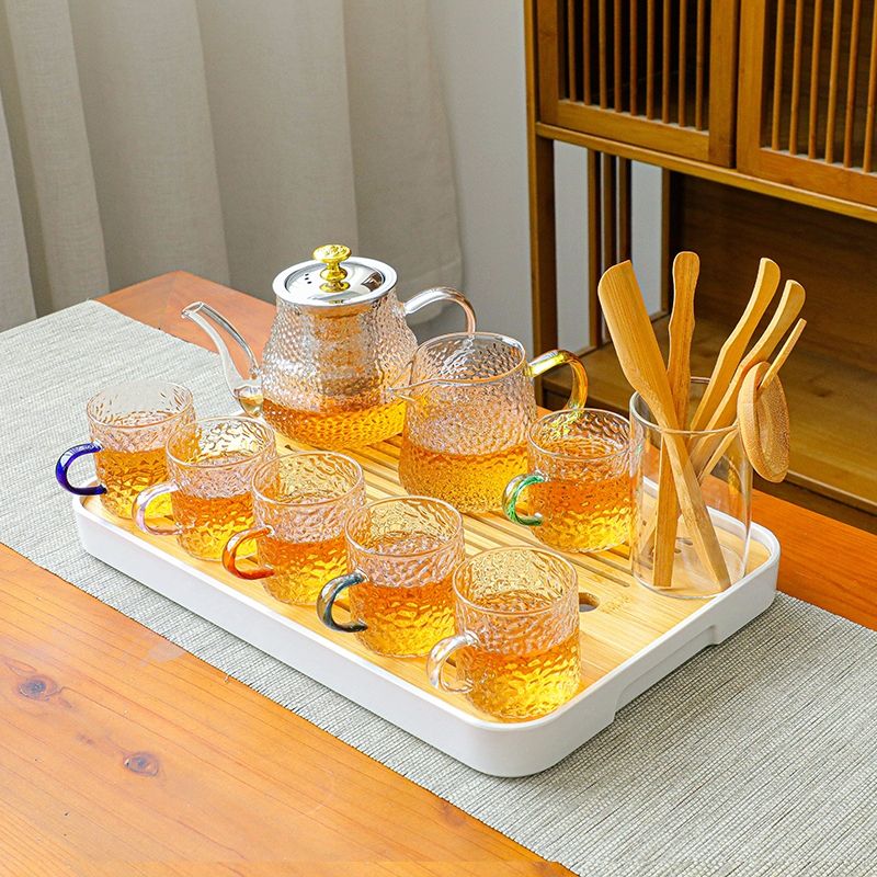 [台灣公司貨 可開發票]錘紋玻璃杯耐熱功夫茶具套裝家用客廳會客泡茶壺喝茶茶杯蓋碗茶盤