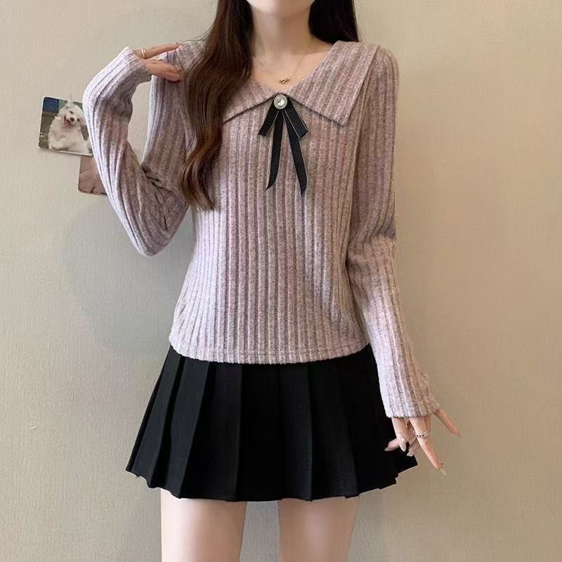 【臺灣出貨】春秋季新款百搭領帶娃娃領蝴蝶結長袖上衣女 顯瘦遮肉內搭針織衣外穿甜美風衣服