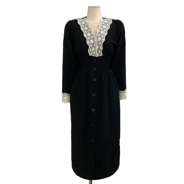 ANNA S. 正韓 V領 蕾絲 黑色 洋裝 長袖 縮腰 顯瘦 連身裙 復古 氣質 上班族 韓國690 1