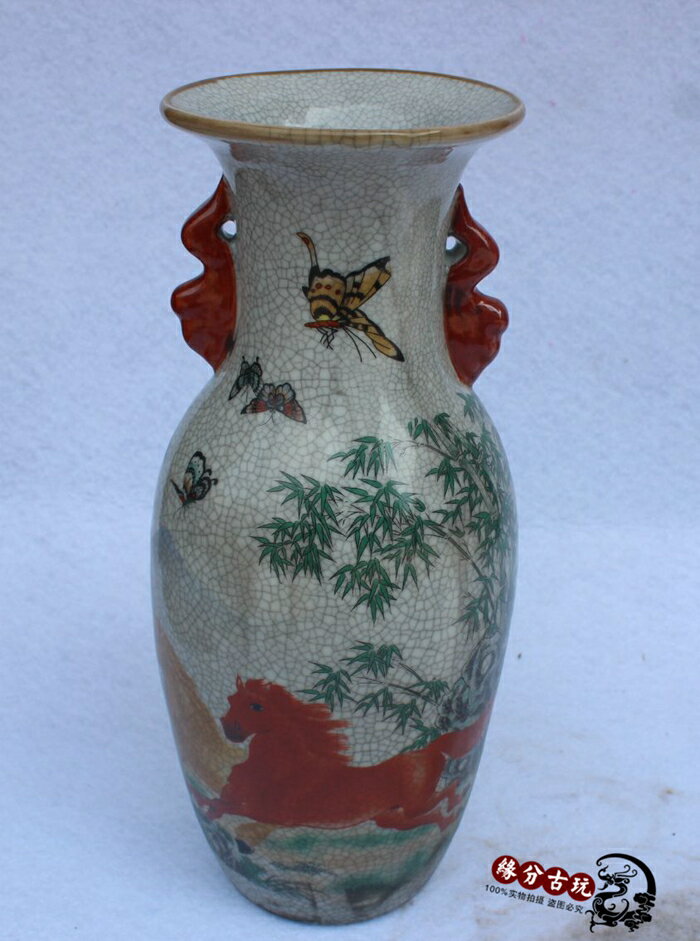 古玩收藏 仿古做舊景德鎮青花瓷瓷器擺件 粉彩馬到成功花瓶花插1入
