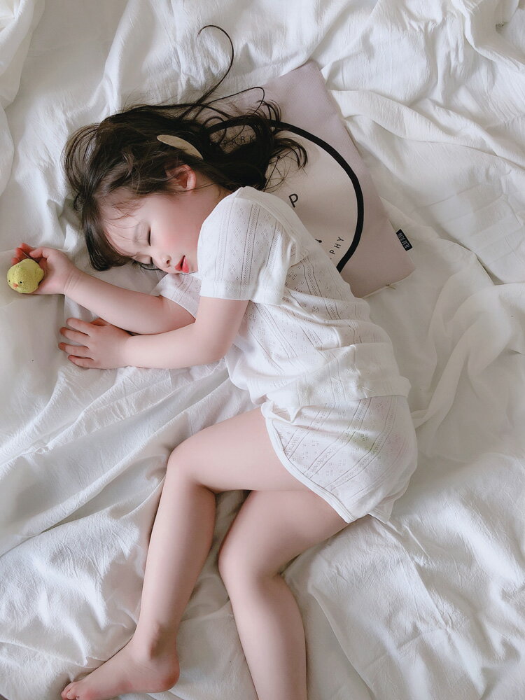 中小童套裝女寶寶純色上衣+短褲兩件套 兒童家居服夏季新款1入
