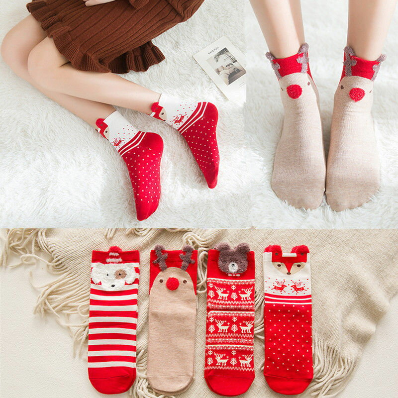 秋冬女士成人中筒動物棉襪卡通襪帶耳朵可愛學生大紅色圣誕襪網紅