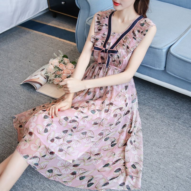 FINDSENSE G5 韓國時尚 無袖 V領 碎花 收腰 顯瘦 中長款 沙灘裙 連身裙
