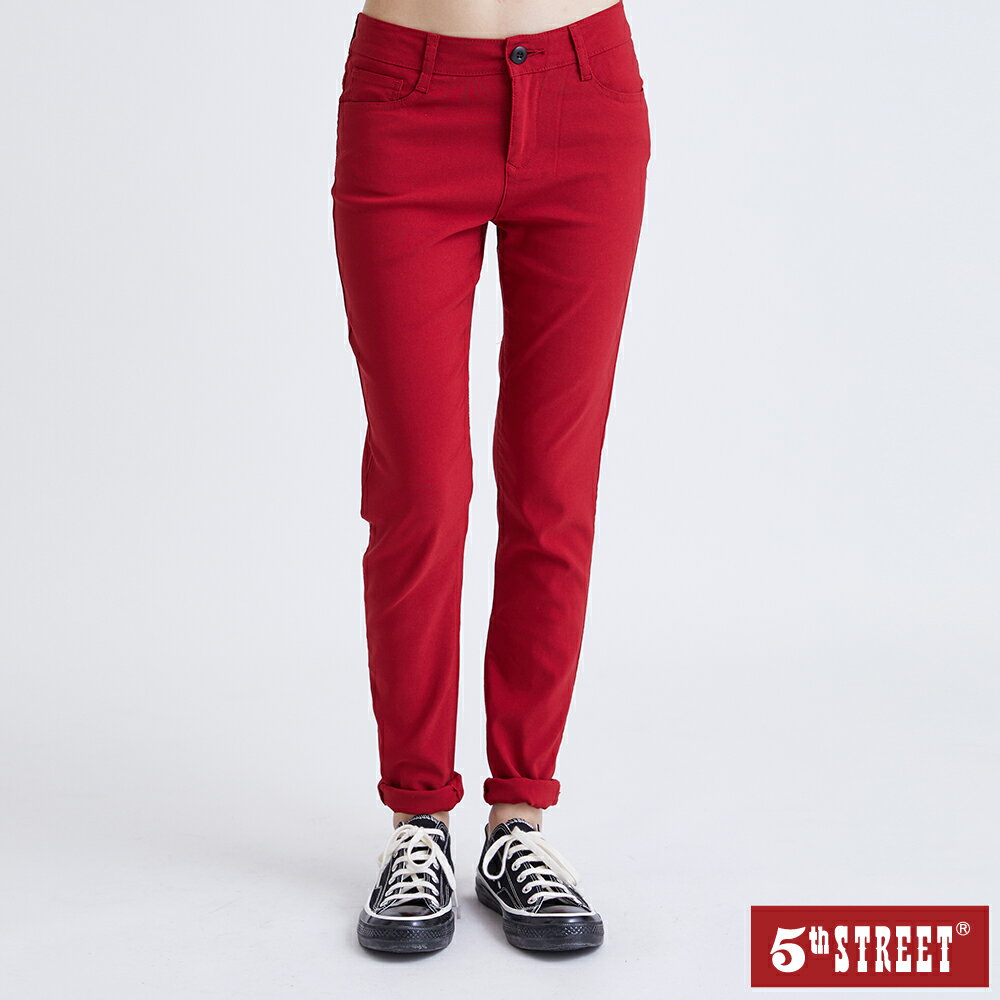 女超彈力素色窄直筒褲-紅色【5th STREET】【APP下單享最高9%點數】#年中特賣