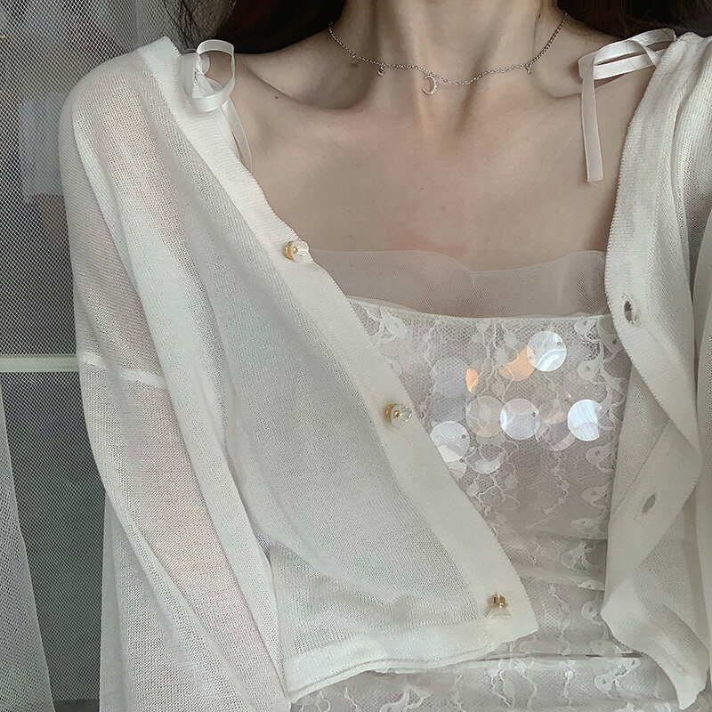 白色冰絲防曬針織開衫春秋薄款女夏吊帶外搭罩衫早秋上衣慵懶外套